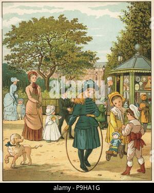 Viktorianische spielende Kinder Bänder in einem Park in der Nähe des Palais Royale, Paris. Farbe holzschnitt nach einer Illustration von Thomas Kran und Ellen Houghton aus dem Ausland, Marcus Station, London, 1882. Stockfoto