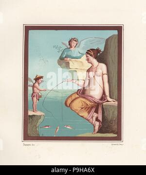 Wandgemälde von Venus und Amor Angeln mit Stangen aus dem Meer. In Regio VI. XIV. 28 Die Taberna Lusoria gefunden. Chromolithograph von Victor Steeger nach einer Illustration von geremia Discanno von Emile Presuhn's Les Plus Belles Peintures de Pompei (Die schönsten Gemälde von Pompeji), Leipzig, 1881. Stockfoto