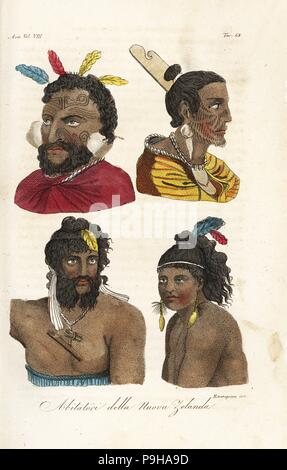 Porträts von Maori Warriors, Neuseeland. Die Männer und Jungen mit facial Tattoos und Federn im Haar. Papierkörbe Kupferplatte eingraviert von Francesco Rosaspina nach William Hodges und Piron von Giulio Ferrario von Antike und Moderne Kostüme aller Völker der Welt, Florenz, Italien, 1844. Stockfoto