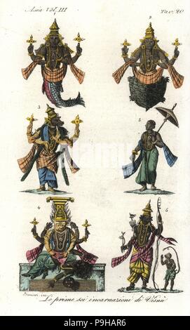 Die ersten sechs Inkarnationen des Hindu-Gottes Vishnu. Handkoloriert Kupferstich gezeichnet und gestochen von Andrea Bernieri aus Giulio Ferrarios Antike und moderne Kostüme aller Völker der Welt, Florenz, Italien, 1844. Stockfoto