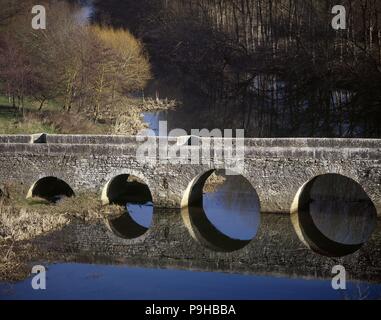 Die Trespuentes Brücke über Fluss Zadorra. Mit dreizehn Rundbögen war es mit Stücken aus Stein und Mörtel gebaut, außer denen, die Steine, die der Bogen tragen. Römischen Ursprungs mit subsequents Restaurationen. Detail. Irun a de Oca, Provinz Alava, Baskenland, Spanien. Stockfoto