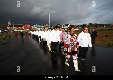 Premierminister Aleqa Hammond von Grönland führt der erste Tag des Parlaments in Nuuk, Grönland Stockfoto