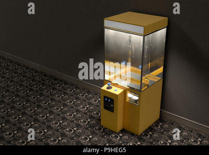Eine gelbe Leere arcade Art Kralle grabber Spiel in einem schwach beleuchteten vintage Zimmer - 3D-Rendering Stockfoto