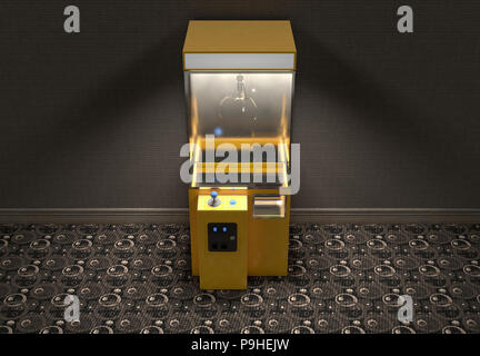 Eine gelbe Leere arcade Art Kralle grabber Spiel in einem schwach beleuchteten vintage Zimmer - 3D-Rendering Stockfoto