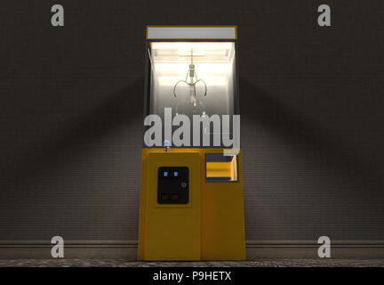 Eine gelbe Leere arcade Art Kralle grabber Spiel in einem schwach beleuchteten vintage Zimmer - 3D-Rendering Stockfoto
