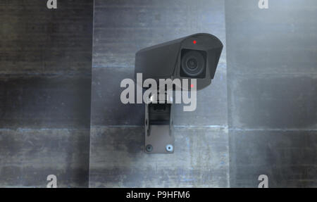 Ein drahtloses Überwachungskamera mit leuchtenden Lampen an der Wand in der Nacht montiert - Zeit mit Kopieren - 3D-Rendering Stockfoto