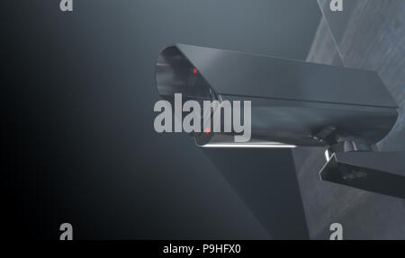 Ein drahtloses Überwachungskamera mit leuchtenden Lampen an der Wand in der Nacht montiert - Zeit mit Kopieren - 3D-Rendering Stockfoto