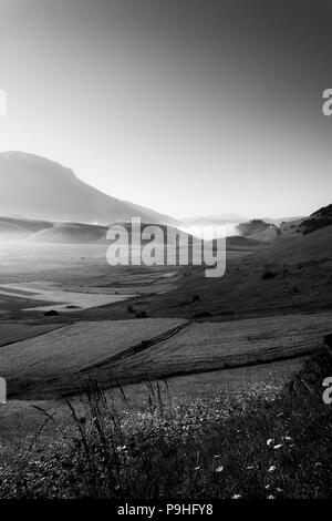 Anzeigen von Castelluccio Di Norcia (Umbrien) in der Dämmerung, bei Nebel, große Wiesen und völlig leeren Himmel Stockfoto
