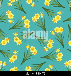 Gelbe Narzisse - Narzissen Nahtlose auf Blau blaugrün Hintergrund. Vector Illustration. Stock Vektor