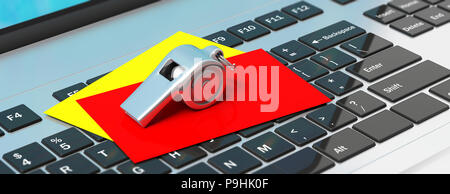 Fußball, Fußball-Schiedsrichter. Pfeifen und rote gelbe Karten auf dem Computer Tastatur, Banner. 3D-Darstellung Stockfoto
