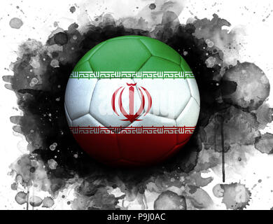 Fußball mit Flagge von Iran, Nahaufnahme, Aquarell Wirkung auf weißem Hintergrund. Stockfoto