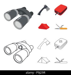 Ax, Erste Hilfe Kit, touristische Hütte, Taschenmesser. Camping set Sammlung Icons im Cartoon, Outline style Vektor Symbol lieferbar Abbildung. Stock Vektor