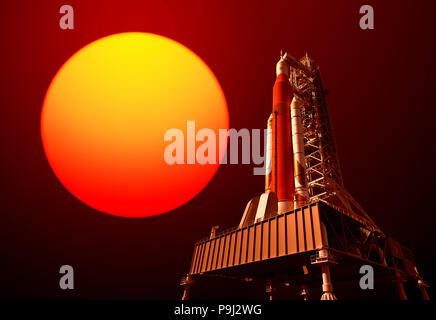 Space Launch System auf Launchpad und Rote Sonne 3D-Abbildung. Stockfoto