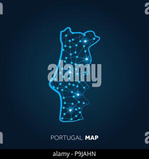 Karte von Portugal mit angeschlossenen Leitungen und leuchtenden Punkte. Stock Vektor
