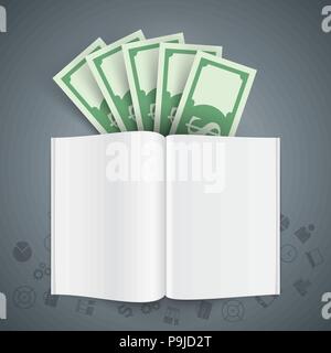 Buch, Geld Abbildung auf dem grauen Hintergrund. Stock Vektor