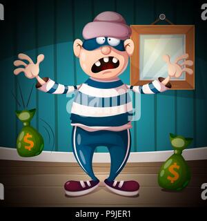 Lustig, süß, verrückt cartoon Dieb Zeichen. Stock Vektor