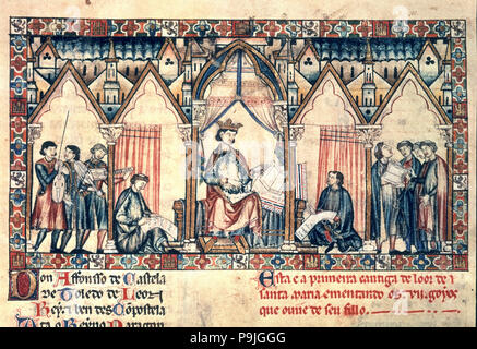 Alfonso X' der Salbei" (1221-1284), König von Kastilien und Leon, miniada Seite seiner Arbeit "Die Cantigas… Stockfoto