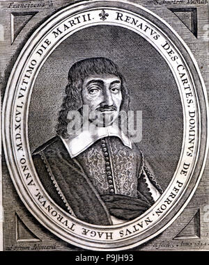 René Descartes (1596 - 1650), französischer Philosoph und Wissenschaftler, original Kupferstich von Principia P… Stockfoto