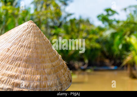 Mekong Delta/Vietnam - November 12, 2014: Ein Mann trägt ein Blatt hat, während Sie treiben das Mekong Delta. Stockfoto