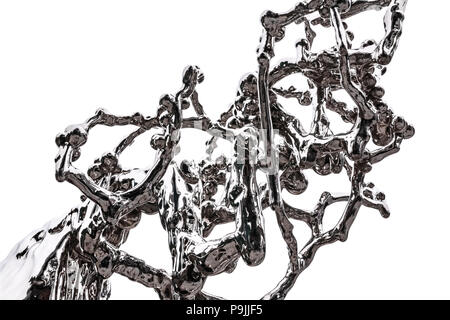 Element einer abstrakten Abbildung von Stahl verchromt Fluidität simulieren und spritzenden Flüssigkeiten auf weißem Hintergrund. Stockfoto