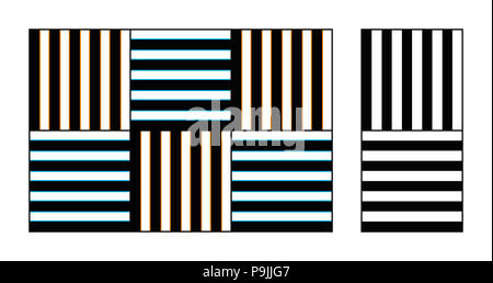 Aquarell optische Täuschung auf Gitterrosten. Die dünne blaue und orangene Linien entlang der vertikalen und horizontalen Gittern erscheinen über die schwarze zu verbreiten. Stockfoto