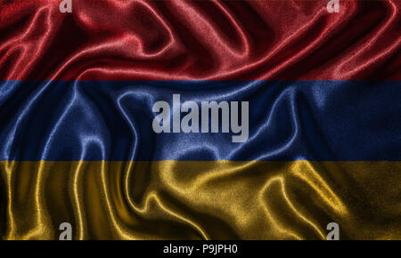 Armenien Fahne - Fabric Flagge von Armenien Land-, Hintergrund- und Hintergrundbild von wehende Flagge von Textilien. Stockfoto
