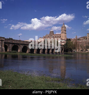 Salamanca. Blick auf die römische Brücke über den Fluss Tormes mit dem Dom im Hintergrund. Stockfoto