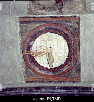 Detail mit der Hand Gottes in der Apsis der Kirche von Sant Climent de Taüll im Vall de Boi… Stockfoto