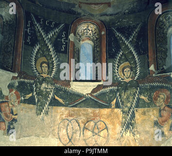 Detail von zwei Engel, die Wandmalereien in der Apsis der Kirche von Santa Maria d'Aneu im Pallars Jussà. Stockfoto