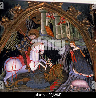 Altarbild der Jungfrau Maria und St. George, Detail von St. George und der Prinzessin, Tempera auf Holz c… Stockfoto