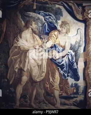 "Der Prophet Elia mit Brot und Wein" getröstet. Detail, Tapisserie in Brüssel gewebt. Stockfoto