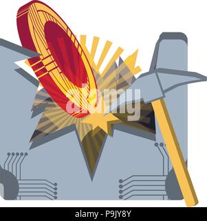 Cryptocurrency Bergbau Design mit Spitzhacke und cryptocoins Symbol auf weißem Hintergrund, Vector Illustration Stock Vektor