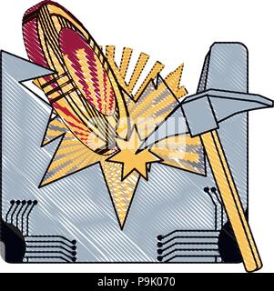 Cryptocurrency Bergbau Design mit Spitzhacke und cryptocoins Symbol auf weißem Hintergrund, Vector Illustration Stock Vektor
