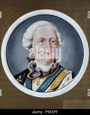 Louis XV, 15. Februar 1710 â € "10. Mai 1774, bekannt als Louis den Geliebten, war ein Monarch aus dem Haus Bourbon, der als König von Frankreich ab dem 1. September 1715 bis zu seinem Tod 1774 regierte, digital verbesserte Reproduktion einer Vorlage drucken aus dem Jahr 1900 Stockfoto