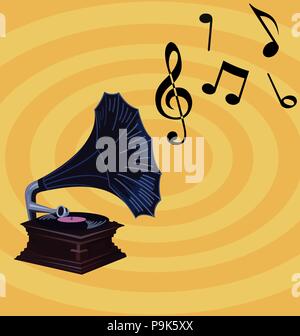 Retro Musik Wallpaper - altes Grammophon mit Noten, vintage Plattenspieler mit blauen Schatten Stock Vektor