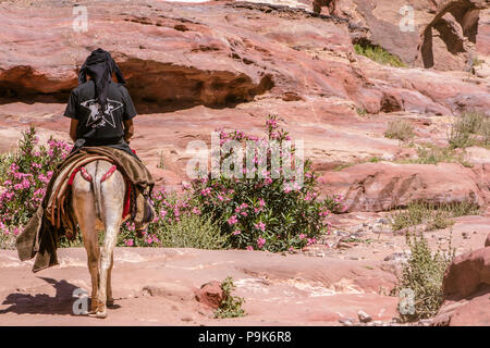 PETRA, Jordanien - April 30, 2016: ein beduine jungen Mann auf dem dunkey in die verborgene Stadt Petra in Jordanien. Stockfoto