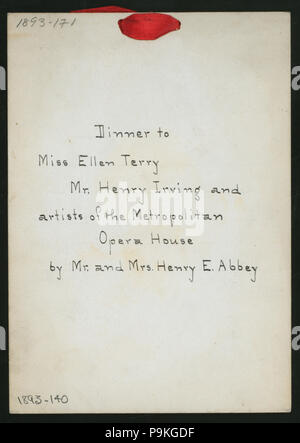 575 Abendessen zu MISS ELLEN TERRY, HERR HENRY IRVING &Amp; KÜNSTLER DER METROPOLITAN OPERA HOUSE (Besitz) Herr &Amp; Frau. HENRY E. ABTEI (at) "Waldorf, NEW YORK, NY" (HOT ;) (NYPL Hades -270323-4000002457) Stockfoto