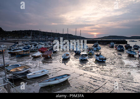 Lyme Regis, Dorset, Großbritannien. Juli 2018. UK Wetter: Weiche, gedämpfte Sonnenaufgangsfarben am Morgenhimmel spiegeln sich bei Ebbe im historischen Cobb Harbour in Lyme Regis. Quelle: DWR/Alamy Live News Stockfoto