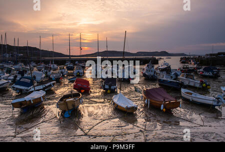 Lyme Regis, Dorset, Großbritannien. Juli 2018. UK Wetter: Weiche, gedämpfte Sonnenaufgangsfarben am Morgenhimmel spiegeln sich bei Ebbe im historischen Cobb Harbour in Lyme Regis. Quelle: DWR/Alamy Live News Stockfoto