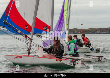 Schull, West Cork, Irland. 19. Juli 2018. Die jungen Menschen kommen aus allen Teilen der Insel Irland, einschließlich der nördlichen Teil in den Schulen Regatta, die auf Anfänger racing Segler ausgerichtet ist. Credit: Andy Gibson/Alamy Leben Nachrichten. Stockfoto