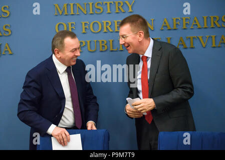 Riga, Lettland. Juli 2018 19. 19.07.2018. Drücken Sie die Taste Konferenz der lettischen Minister Edgars Rinkevics und weißrussischen Außenminister Wladimir Makei. Credit: gints Ivuskans/Alamy leben Nachrichten Stockfoto