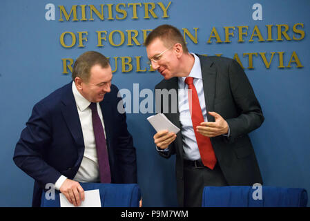 Riga, Lettland. Juli 2018 19. 19.07.2018. Drücken Sie die Taste Konferenz der lettischen Minister Edgars Rinkevics und weißrussischen Außenminister Wladimir Makei. Credit: gints Ivuskans/Alamy leben Nachrichten Stockfoto