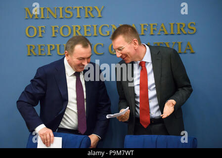 Riga, Lettland. Juli 2018 19. 19.07.2018. Drücken Sie die Taste Konferenz der lettischen Minister Edgars Rinkevics und weißrussischen Außenminister Wladimir Makei. Credit: gints Ivuskans/Alamy leben Nachrichten Stockfoto