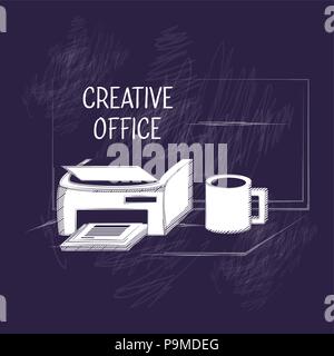 Kreative office Design mit Drucker und Kaffeebecher Symbol auf blauem Hintergrund, Skizze Design. Vector Illustration Stock Vektor