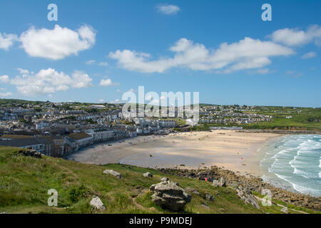 Eine Ansicht des Porthmeor Beach auf Insel Halbinsel in St Ives, Cornwall, Großbritannien Stockfoto