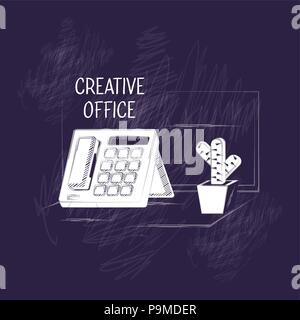 Kreative office Design mit Telefon und Cactus pot Symbol auf blauem Hintergrund, Skizze Design. Vector Illustration Stock Vektor