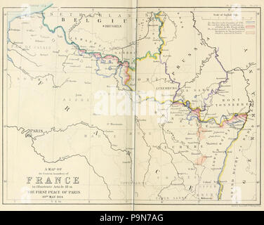 Eine Karte von der östlichen Grenze von Frankreich Artikel III Im ersten Frieden von Paris am 30. Mai 1814 illustrieren. Stockfoto