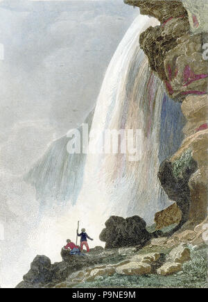 . Englisch: Drucken von Stahlstich betitelt Voute sous la Chute du Niagara - Niagara Falls - ab 1. Auflage von Jean-Baptiste-Gaspard Roux de Rochelle Etats-Unis d'In. Paris: Firmin Didot Freres, [1837] ca. Seite Größe 14 x 22 cm, ca. Bild der Größe 9 x 14 cm. Hand Färbung, gezeichnet von Jacques-Hippolyte van der Burch, gestochen von chollet. Aus einer Reihe von Illustrationen für Roux de Rochelle's Arbeit auf die Vereinigten Staaten. Roux de Rochelle, der französische Minister in den USA, enthalten diese Band in einer großen Reihe mit dem Titel L'Univers. Die amerikanische Band 96 Bilder der Vereinigten Staaten Stockfoto