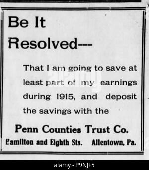 34 1915 - Penn Grafschaften Treuhandgesellschaft Zeitung Anzeige 2 Allentown PA Stockfoto