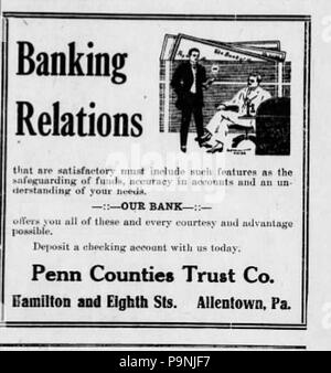 34 1915 - Penn Grafschaften Treuhandgesellschaft Zeitung Anzeige 3 Allentown PA Stockfoto